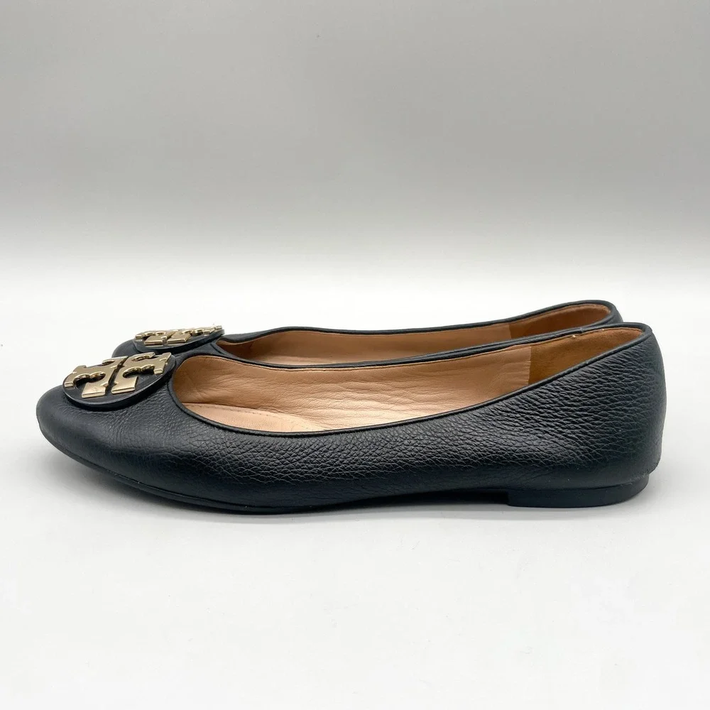 Tory Burch Womens 7 Claire Ballet Flats Black Leather Gold Logo Preppy Office